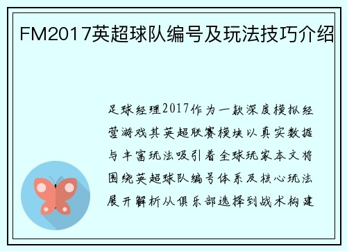 FM2017英超球队编号及玩法技巧介绍
